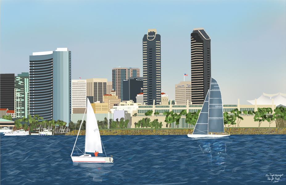 Cityscape of downtown San Diego as seen from the Coronado Island Ferry Landing